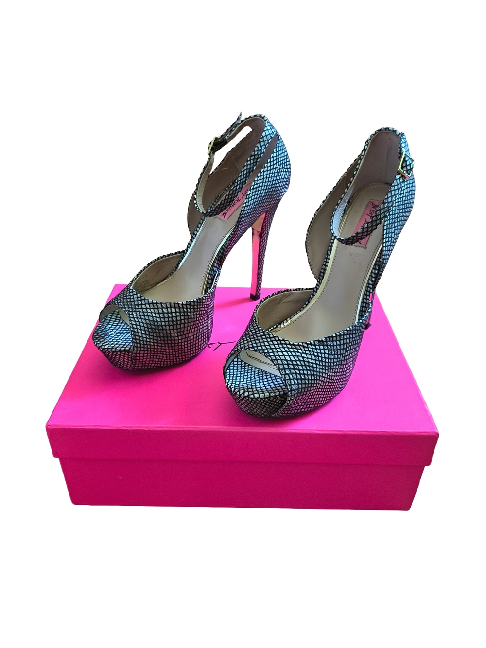 Betsy Johnson Taup/Black Peep-Toe Ankle-Strap Platform Heels - Picture 2 of 10